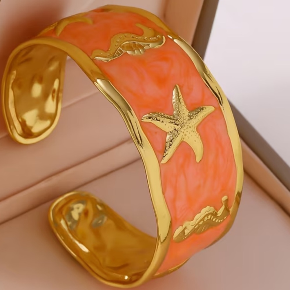 NEW Gold and Coral Starfish Beach Vacation Cuff Ring - Adjustable Size